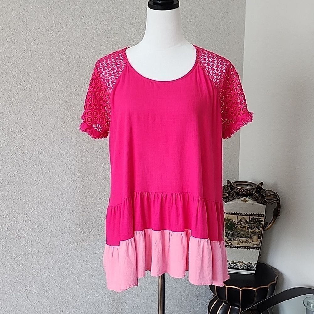UMGEE Pink Tiered Babydoll Tunic Top with Crochet Sleeves
